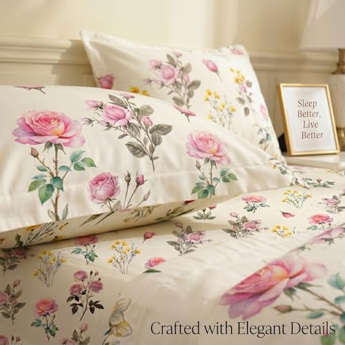 Image of BSB HOME 240 TC Cotton Bedsheet with 2 Pillow Covers, Soft Breathable Floral King Size Flat Bed Sheet - 90 x 100 Inches (228 x 254 cm) (Dusty Rose)