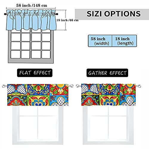 Kitchen Valance Curtains For Windows Durability Rod Pocket Valance，Mexican Talavera Ceramic Tile Pattern Ethnic Window Valance Curtains For Living Room Bathroom ,1 Panel, 58” Width X 18” Length #TOP3