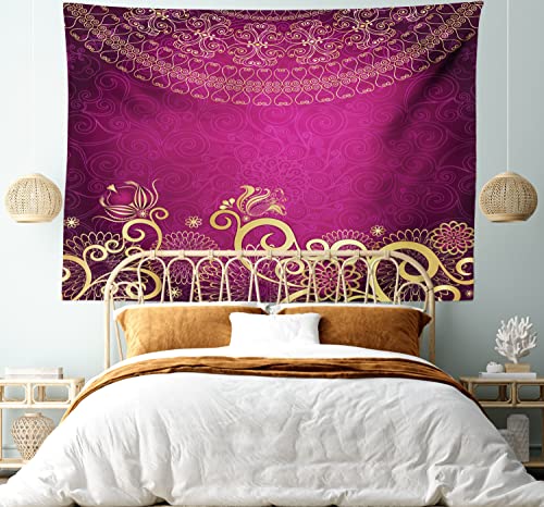 Lunarable Pink And Yellow Tapestry, Vintage Classic Ornamental Swirled Bohemian Traditional Pattern, Wall Hanging For Bedroom Living Room Dorm Decor, 60" X 80", Magenta Yellow #TOP4