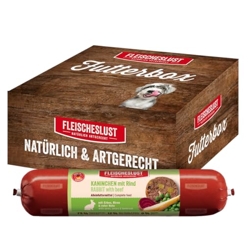 Fleischeslust Hundewurst | Kaninchen & Rind mit Erbse, Birne & Roter Bete | Futterbox (6x800g) | Nassfutter | schnittfest | getreidefrei | Alleinfuttermittel für ausgewachsene Hunde