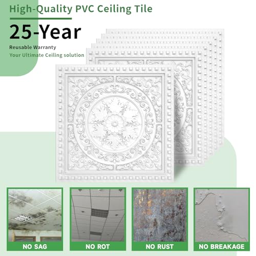 LooYee 24 PCS 2x2 FT Luxury Carved Circle Decorative Ceiling Tiles, 24x24 Inch 3D Modern Minimalist Ceiling Panels, PVC Waterproof Cuttable Material Ideal for Living Room Bedroom Cover 96 Sq.Ft by LooYee - Used condition - Image 4