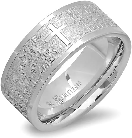 Miniatura 2 de Steeltime - Anillo clásico de acero inoxidable para oración de señores en inglés o español, nuestro padre - Padre Nuestro