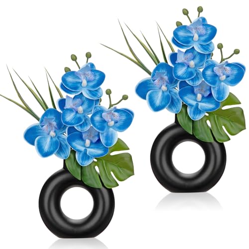 Briful 2PCS Blue Orchid Fake Flowers in Black Ceramic Pot