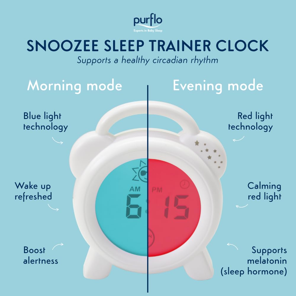 PurFlo NEW Snoozee Sleep Trainer Clock, Red and Blue Light Sleep Aid for Toddlers, Rechargeable Night Light with Alarm - Image 3