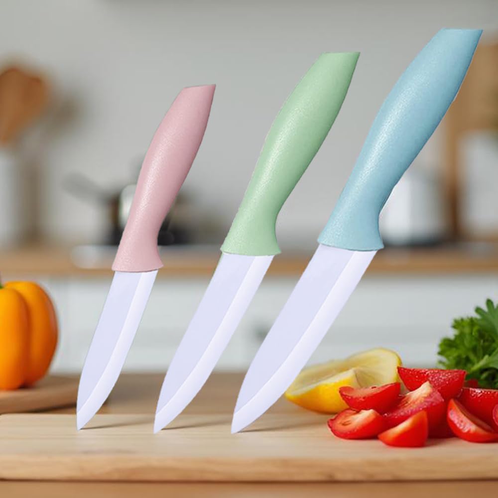 Zhiyun 3 Pieces Ceramic Knife Set, 3-Inch 4-Inch 5-Inch Colorful Knife Set with Sheaths Covers and Ergonomic Handle,Use for Meat Fruit Vegetable Bread and Butter (Pink Green Blue)