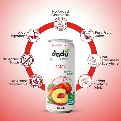 Image of Dadu Fresh Peach Juice | Pure Natural Fruit Healthy Beverage | Not from Concentrate, No Added Sugar, No Preservatives or Artificial Flavours | Vitamin Rich & Naturally Refreshing | 4 Cans x 320ml (1280ml)