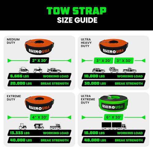 Image of Rhino USA Recovery Tow Strap (2 inchx20')-20,024lb Break Strength- Emergency Recovery Strap Tow Rope for UTV, ATV & More-Heavy Duty Towing Strap for Offroad 4x4 Use-Compatible with RZR and Can-Am (Orange)