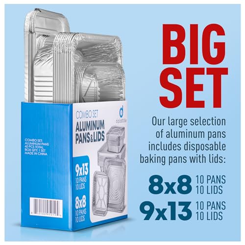 Image of Diplastible Disposable Aluminum Pans With Lids, 9x13 (10pc) And 8x8 Square (10pc) Combo Set, Disposable Baking and Cake Pan (Pack of 20)