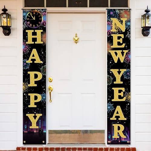 Happy New Year Door Banner Porch Signs Welcome Banner for Home Holiday Winter 2025 New Year Eve Party Supplies Backdrop Hanging Decor Yard Sign for Front Door Wall Cover Party Supplies Outdoor Indoor