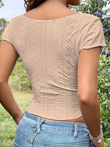 Image of Sugathari Girl's & Women's Beige Eyelet Embroidery Knitted Square Neck Casual Slim Fit Women T-Shirt, Short Sleeve Schiffli Crop Top, Solid Color Tee for Spring /Summer Outfits (Crop Top 195)