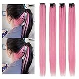 Colored Clip in Hair Extensions Pink Colorful Long Straight Thick Party Highlights Clip on Hairpieces Synthetic Hair for Women Girls 22inch 4Pcs (Pink)