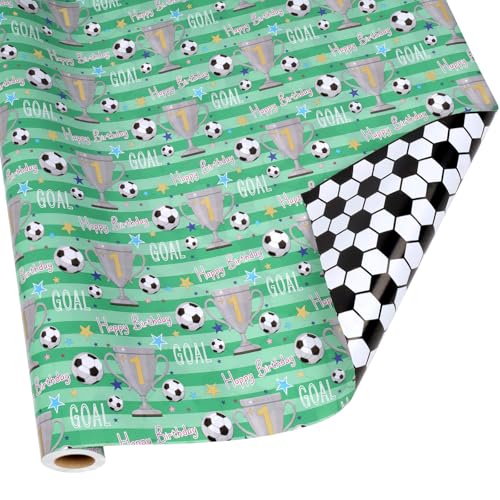 BIOBROWN Football Wrapping Paper for Kids Boys 43cm x 10m Goal & Football Design Sports Gift Wrap Paper for Teens Birthday Party Holiday Football Fans