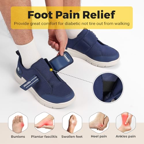 FitVille Diabetic Shoes for Men Extra Wide, Hook and Loop Walking Shoes for Elderly for Swollen Feet Foot Pain Relief Neuropathy - EasyTop V103