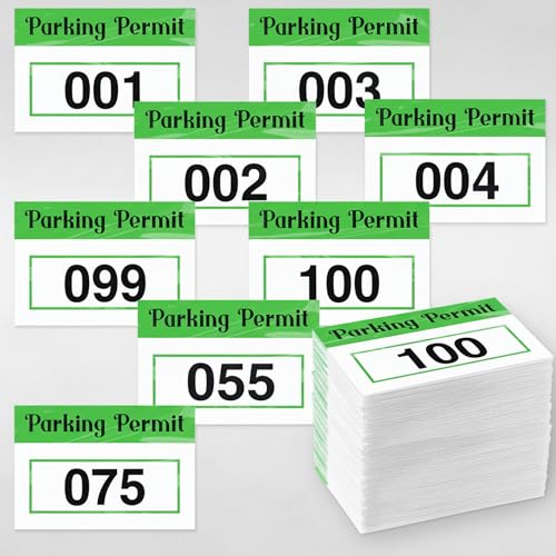 Image of Clabby 100 Pcs 2x3 Inch Parking Permit Stickers Static Window Stickers with Front Adhesive, Car Windshield Decals Numbered (Numbered 001-100,Green)