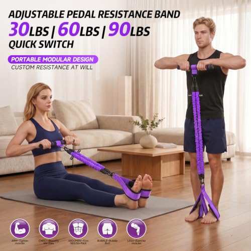 Image of Pedal Resistance Band with Handle, 90LBS Adjustable Exercise Band | Full-Body Resistance Exercise,Adjustable 30 /60 /90LB,Portable Equipment,Multiple Colors