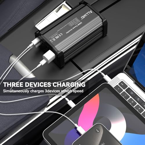 Image of ALLWEI 300W Power Inverter 12V DC to 110V AC Car Plug Adapter Outlet Converter with 27W PD USB-C &18W USB-A Fast Charger, Car Cigarette Lighter Adapter for Laptop Tablets Phones-Black