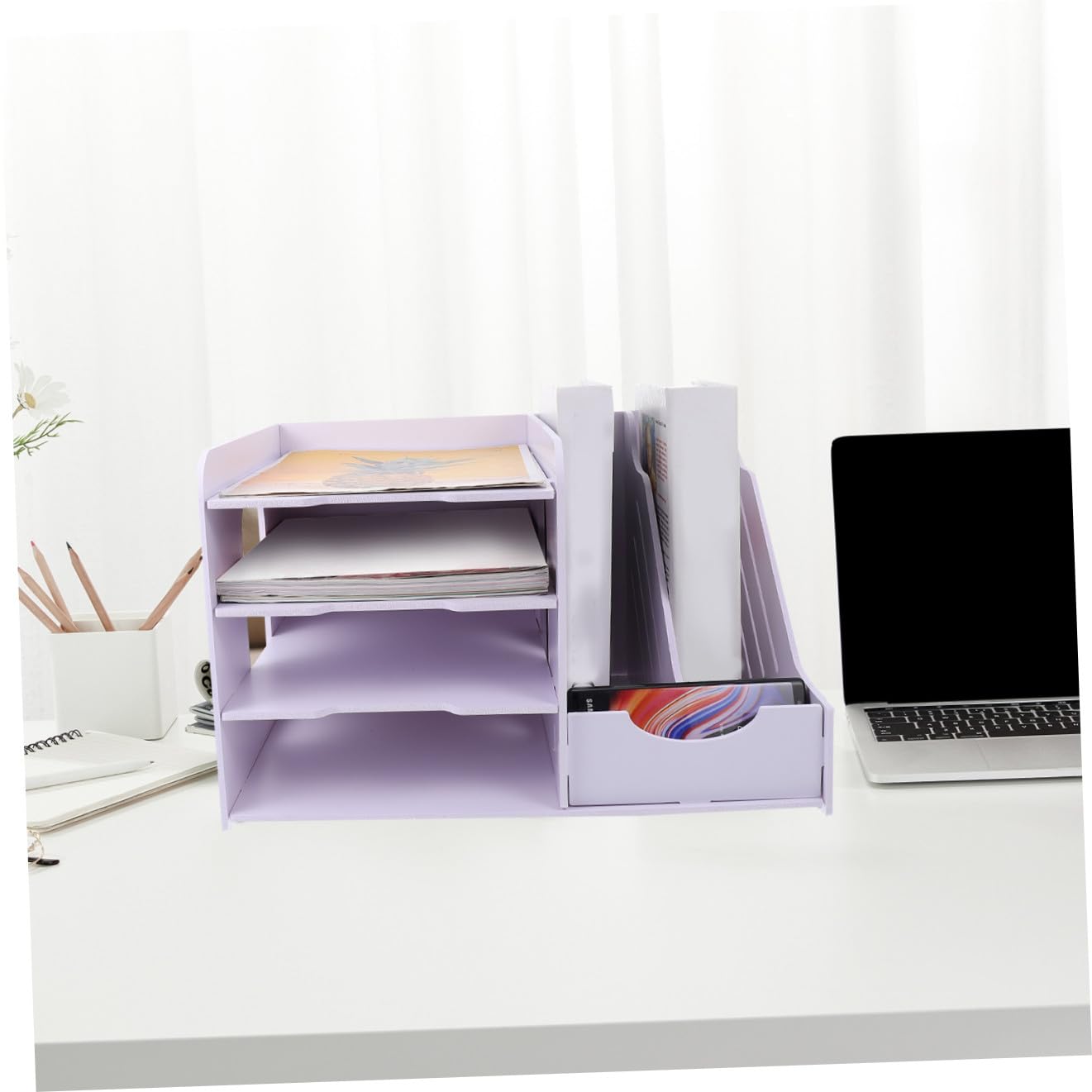 Estante de archivos de madera de PVC multicapa y plástico, práctico escritorio con partición para un almacenamiento eficiente de documentos y artículos de papelería en la oficina en casa o dormitorio
