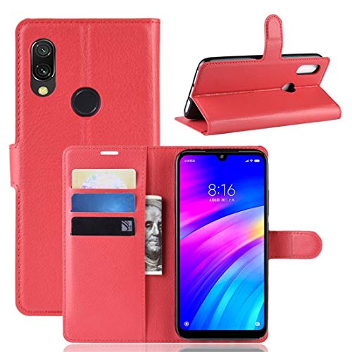 Housse en cuir Xiaomi Redmi 7 étui rouge premium texture litchi et finitions soignées