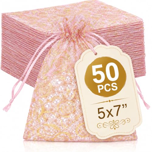 Image of XCLUSY 50PCS (13X18CM)(5x7 inchINCH) Potli Bags for Gifting - Multipurpose Wedding Return Gift Bags | Party Favour, Birthday, Anniversary, Festive Packing Pouches | Organza, Cloth, Brocade, Fancy Luxury Goodie Bags (LIGHT PINK PRINTED, 1 Count(Pack of 50))