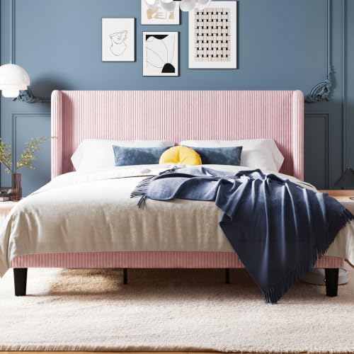 Image of Allewie King Size Platform Bed with Corduroy Wingback Headboard, Pink | 1000 lb Capacity, Corduroy Wingback Headboard, Vertical Channel Design, Wood Slat Support, No Box Spring Needed /Easy Assembly