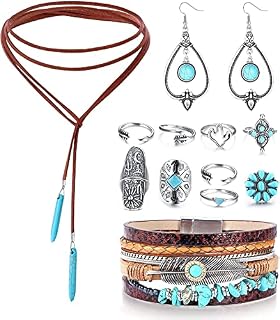 ORAZIO 13PCS Bohemian Turquoise Jewelry Pendant Suede Long Choker Necklace Vintage Turquoise Statement Dangle Earrings Boho Leather Cuff Bracelet with Stackable Knuckle Rings Set for Women