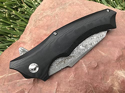 Tactical Gearz Damascus G10 Pocket Knife, Vex Xt! G10 Handle! Thick Damascus Blade, Vg10 Core W/67 Layers! Ball Bearing Pivot System! Includes Sheath! (Black) #TOP4