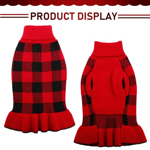Image of Dog Sweater Dress Plaid Knitwear for Small Medium Dogs Warm Puppy Pet Turtleneck Stretch Pullover Cute Fall Winter Vest Clothes with Leash Hole for Christmas (Red, 2XL)