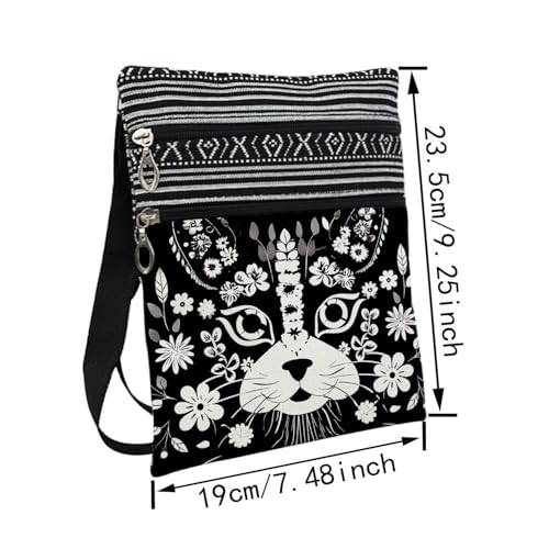 Floral Cat Face Messenger Bag Small Ethnic Pattern Printed Adjustable Strap Crossbody Zipper Bag Floral Cat Face Phone Bag Wallet Cute Shoulder Handbag for Women Friends -32