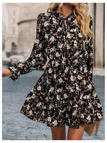 Image of Floerns Women's Leopard Print Tie Neck Party Dress Layered Long Sleeve A Line Dresses