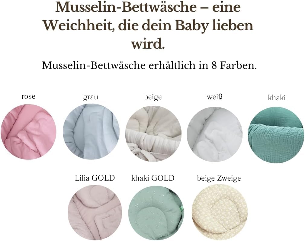 Wiklinopol Juego de ropa de cama de 4 piezas, para bebés y niños, muselina, ropa de cama para cuna, funda nórdica con sábanas en color beige
