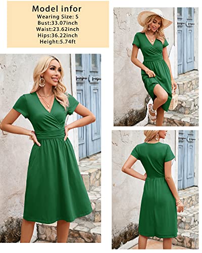 Image of Newshows Womens Summer Short Sleeve Casual Dresses V Neck Floral Vacation Sundress Faux Wrap Midi Dress with Pockets