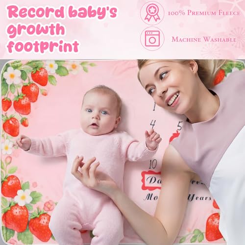 Image of Chumia Baby Monthly Milestone Blanket for Girl 59 inch x 39 inch Pink Strawberry Photo Prop Blankets Baby Age Milestone Blanket with 2 Felt Floral Wreath Frame