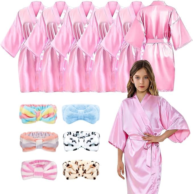 MSYUGirls Spa Robe, Set of 12 Pink Satin Kimono Bathrobes with Skincare Headbands for Salon Wedding Birthday Party Supplies - Tag Size 8