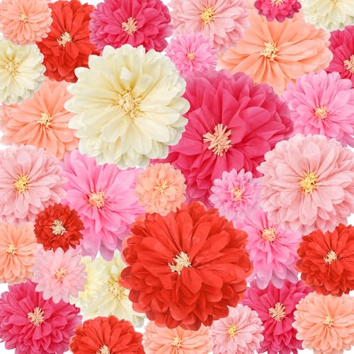 Image of Geyee 18 Pcs Mexican Paper Flowers Colorful Fiesta Tissue Paper Flowers Pom Poms Mexican Carnival for Floral Party Backdrop Wedding Birthday Party Craft(Pink Series,12 inch 14 inch 20 inch)