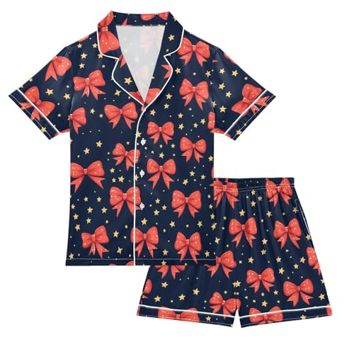 ALAZA Red Bow Star Blue Satin Pajamas Set Short Sleeve Button Down Sleepwear Summer Pjs 2 Piece