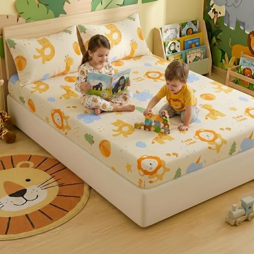 Image of Filymore Kids Double Bed Sheet Set with 2 Pillow Covers - Cute Cartoon Elephant & Lion Print, 240 TC Soft Microfiber Bedsheet for Double Bed, Cream Orange Blue Bedspread, 90x90 Inch