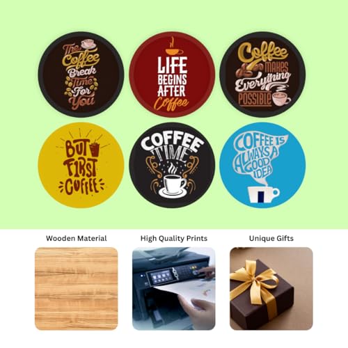 Image of Zesta Coasters for Cups Set of 6 / Wooden Coasters for Bar Accessories for Home /Tea Coaster Set of 6 / Waterproof Dining Table Decor Glass Cover (Coffee Lover, Circle)
