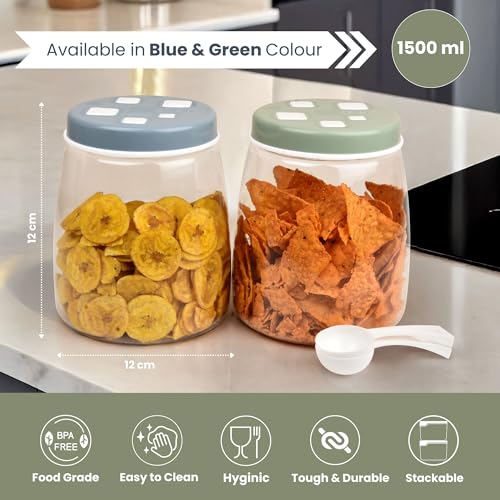 Image of FLAIR Cubics Airtight Food Storage Containers Set of 6 (1500ml each) with Spoons - Green, BPA-Free, PET Plastic Jars, Space-Saving for Pantry, Snacks