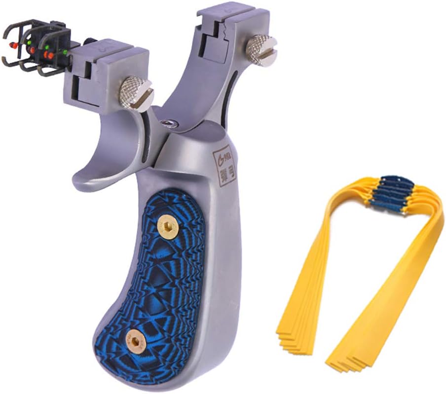 Flat Rubber Band Slingshot Catapult with Adjustable Aiming Points 304 Stainless Steel Accurate Shooting for Small Animals Fishing Hunting Target Outdoor Games with 6 Pcs Rubber Bands SS-05A