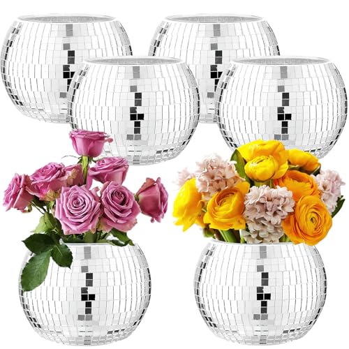 6 Pcs Silver Mirror Disco Vase - 3 X 4 Disco Ball Vase for Centerpieces Glass Planter Candle Holder for Wedding Birthday Party Office Bedroom