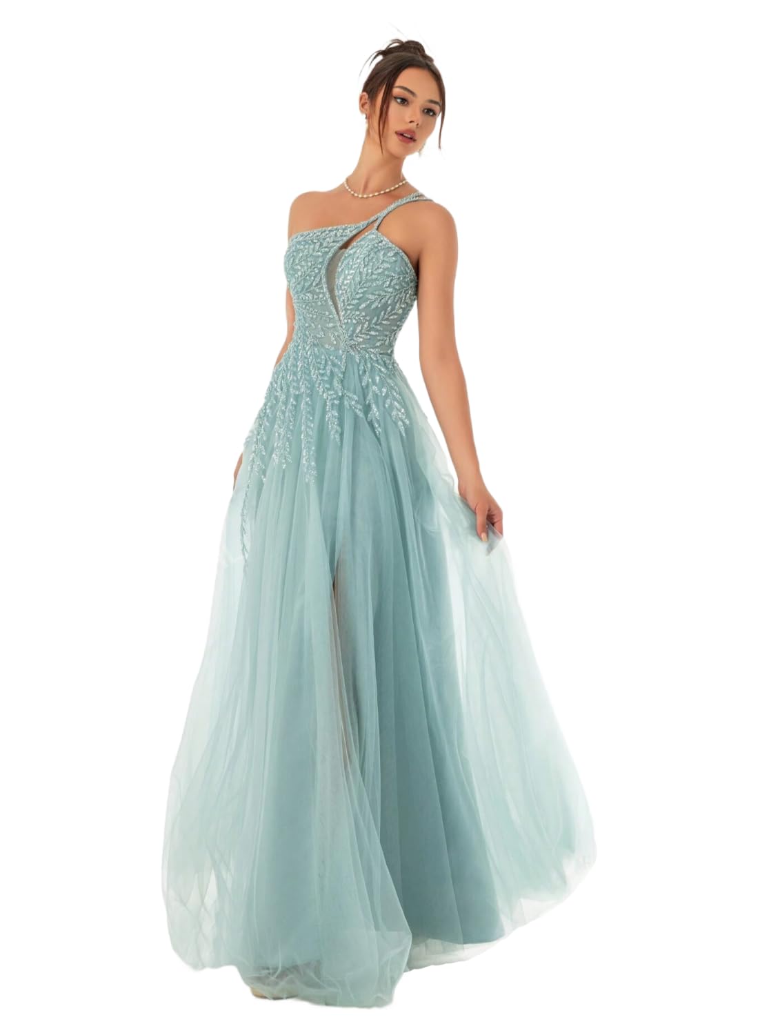 MYDRESS Beading Tulle Prom Dresses 2026 with Pockets Spaghetti Strap Formal Evening Dresses with Slit