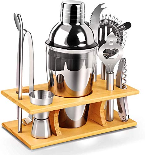 Cocktail-Making-Set,Cocktail Shakers Set 18.6 Ounce Stainless Steel Bar Tool Set Bartender Kit with Wooden Display Stand Cocktail Gifts Sets with Cocktail Book
