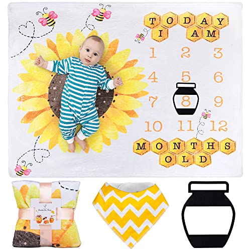 Image of SUKOON Sunflower Baby Milestone Blankets for Baby Girl | 47 x 40 inch | Honey Bumblebee Age Photo Blanket with Marker and Bibs - Perfect Addition to The Baby Photo Album