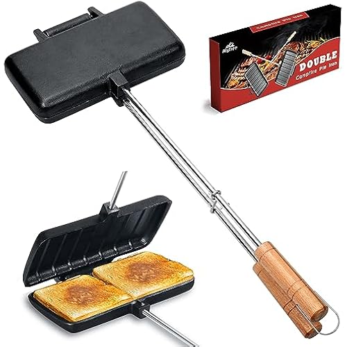 Double Pie Iron for Camping Cast Iron, Pre-seasoned Cast Iron Campfire Sandwich Maker, Mountain Pie Maker, Portable Campfire Cooking Equipment Camp Cooker