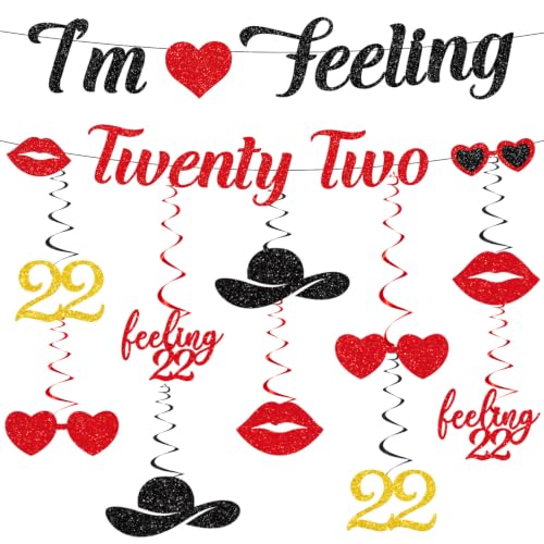 Image of 22nd Birthday Party Decorations for Girls Women, I'm Feeling Twenty Two Glitter Banner with Hanging Swirls Decorations, Singer Themed Girls 22 Years Old Birthday Decor Supplies