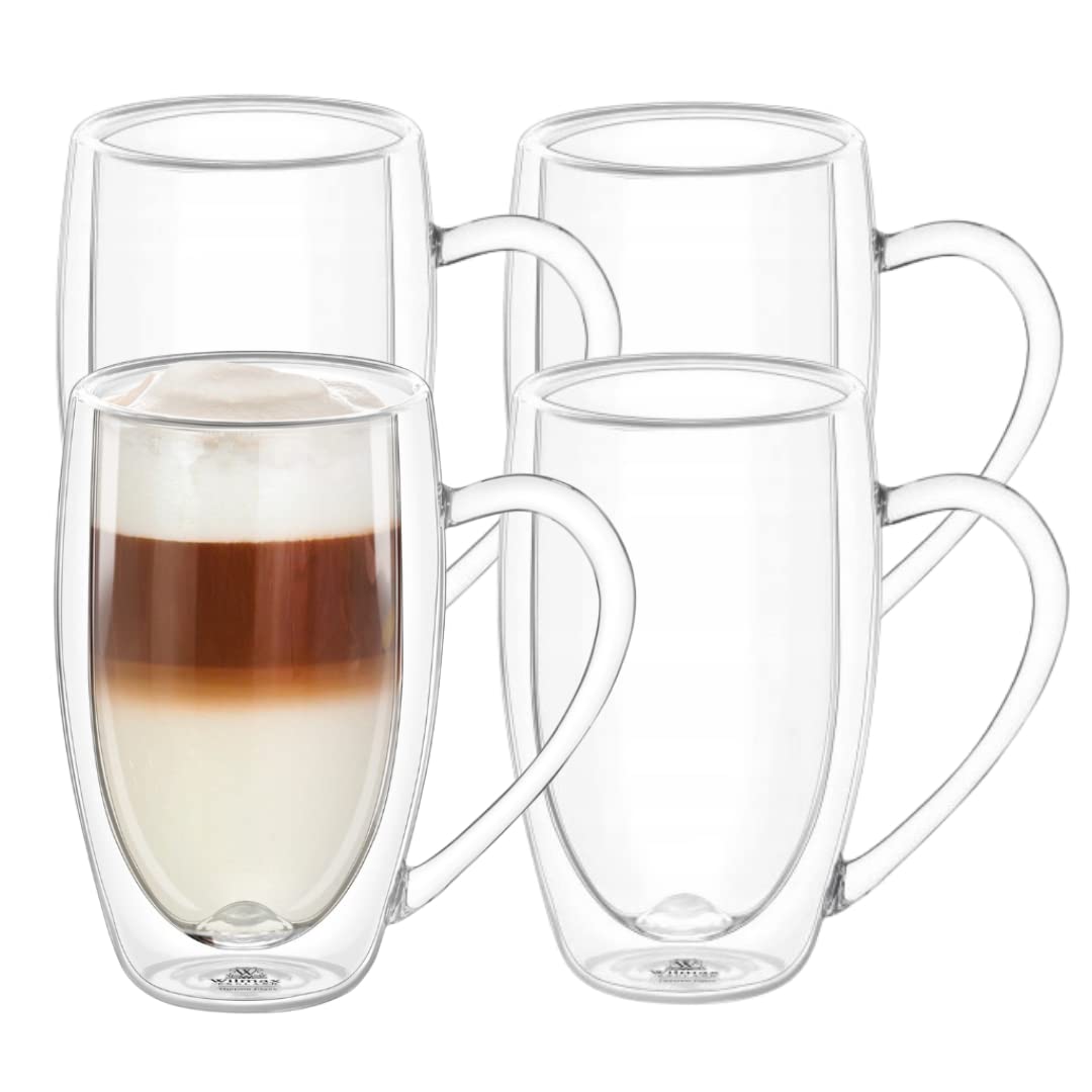 Wilmax - Verres thermiques à double paroi avec anse - Lot de 4-400 ml - Tasses thermiques - Lot de verres à latte macchiato - Verres à cappuccino avec anse - Verres à café à thé, à boire