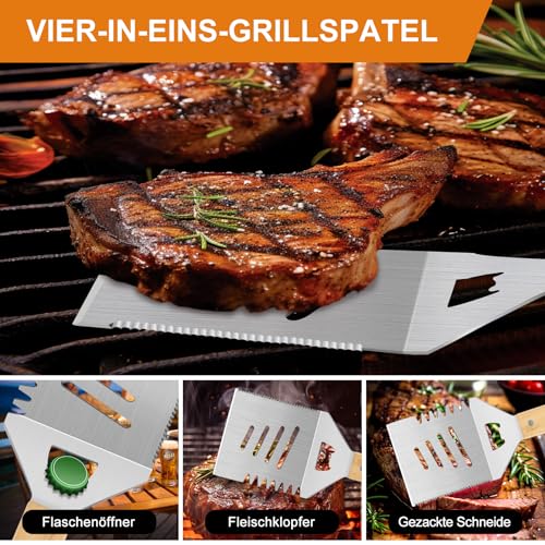 Papa Geschenke,4 Stücke BBQ Grillbesteck Set Edelstahl Grillzubehör für Männer Geschenk Geburtstag Hochwertiger Grillutensilien Set Koffer mit Grillkoffer für Garten und Camping