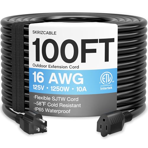 16/3 100 Ft Outdoor Extension Cord Waterproof, Weatherproof & Flame Retardant Black 3 Prong Power Cord Outside for Lawn & Garden, 16AWG 10A 1250W 125V SJTW ETL Listed
