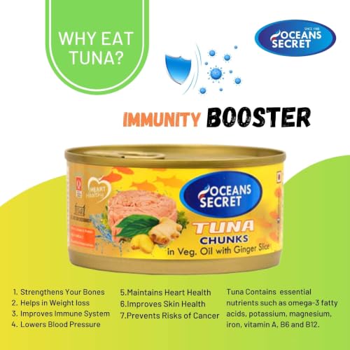 Image of Oceans Secret Tuna Chunks in SunflowerOil with GingerSlice 180gm Pack of 24 Canned Tuna Fish | Balanced Nutrition, Zesty Ginger Flavor, in Sunflower Oil with Ginger Slice, Ready to Eat