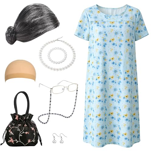 Carreuty 8 Pcs Old Lady Costume Women Granny 100 Days of School Kit with Granny Dress Wig Hairpiece Necklace Bracelet Earrings Spectacles Spectaclechain Bag for Cosplay Carnival Party Outfits